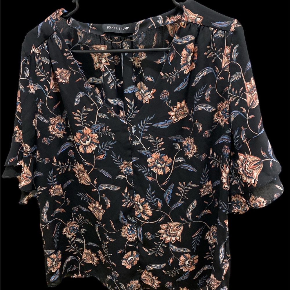 Ivanka Trump brand, Women’s flowery v-neck blouse, Navy & Pink.